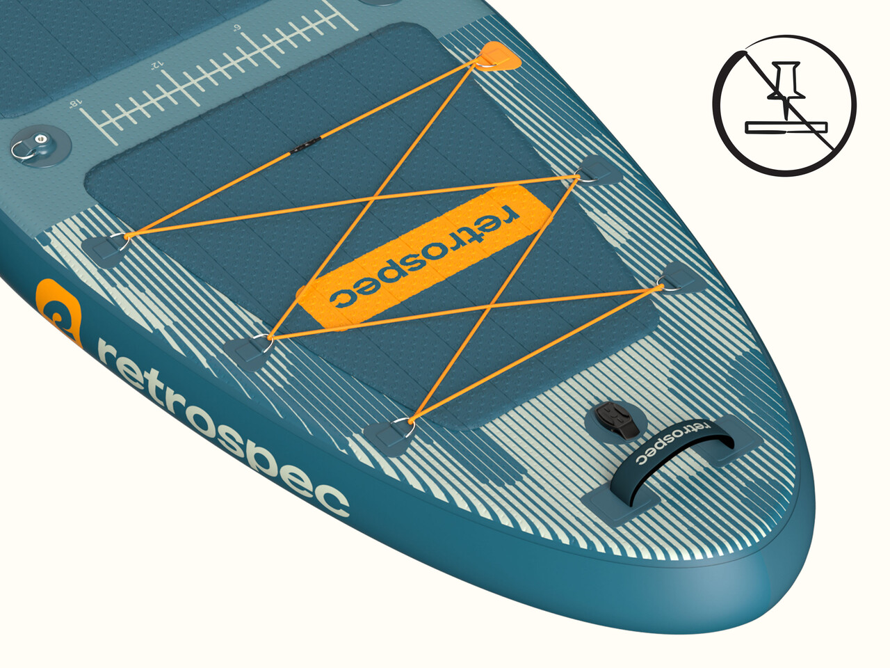 A close-up of the nose of the blue June Fishing Inflatable Stand Up Paddle Board Kayak Hybrid with orange yellow bungee cords and handle.
