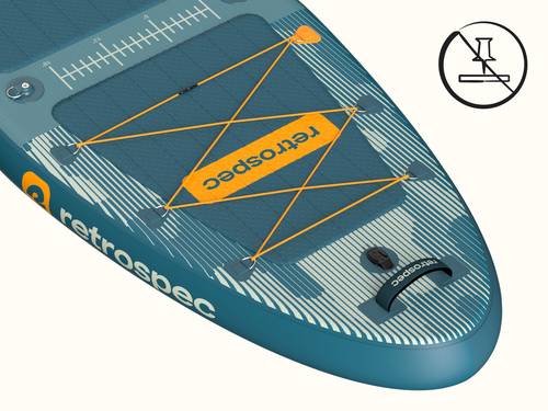 A close-up of the nose of the blue June Fishing Inflatable Stand Up Paddle Board Kayak Hybrid with orange yellow bungee cords and handle.