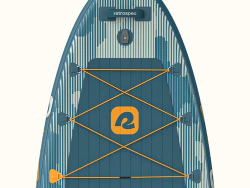 Top closeup view of the nose of a blue June Fishing Inflatable Stand Up Paddle Board Kayak Hybrid with yellow orange bungee tie-downs.