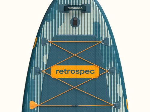 Top closeup view of the nose of a blue June Fishing Inflatable Stand Up Paddle Board Kayak Hybrid with yellow orange bungee tie-downs.