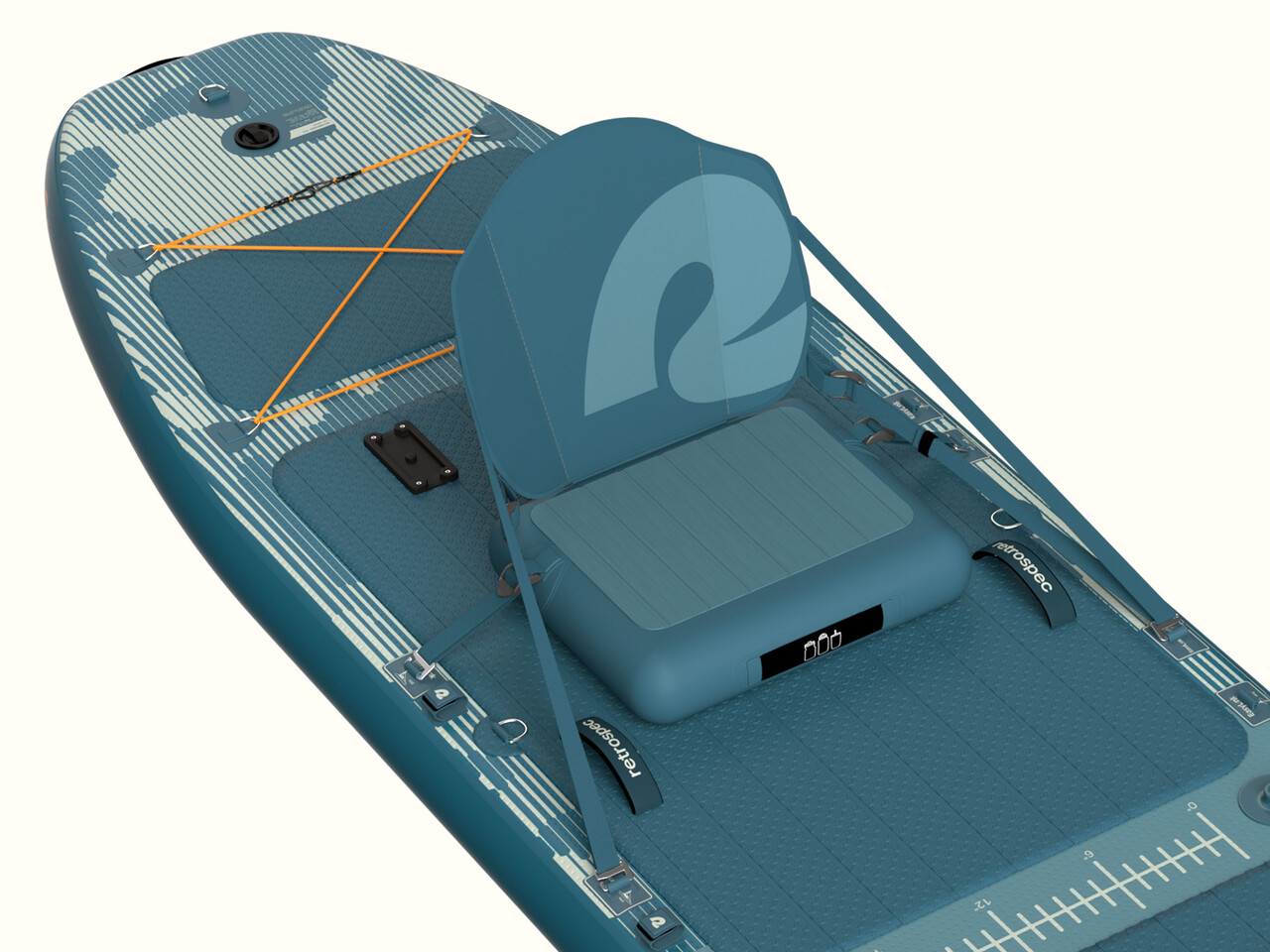 June Fishing Inflatable Stand Up Paddle Board Kayak Hybrid with inflatable seat and orange bungee cords at the rear.