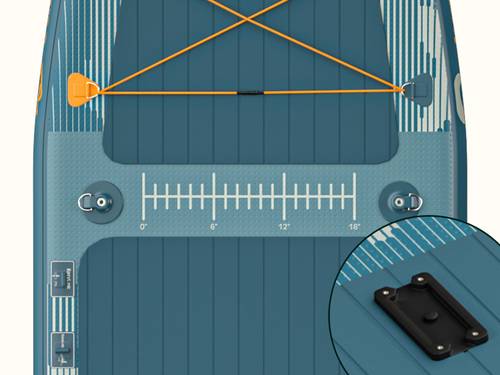 Close up of the printed ruler and D rings on the deck of the blue June Fishing Inflatable Stand Up Paddle Board Kayak Hybrid, and a zoomed in section of a black accessory mount.