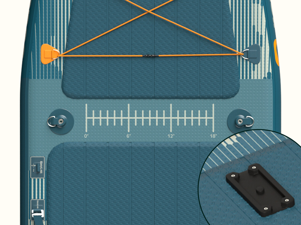 Close up of the printed ruler and D rings on the deck of the blue June Fishing Inflatable Stand Up Paddle Board Kayak Hybrid, and a zoomed in section of a black accessory mount.