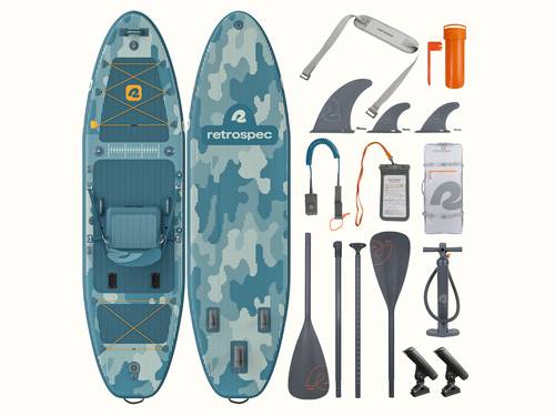 The front and rear of the June Fishing Inflatable Stand Up Paddle Board Kayak Hybrid with accessories including inflatable seat, paddle, floor pump, fins, backpack, patch kit, leash, fishing rod holders, and waterproof phone case.