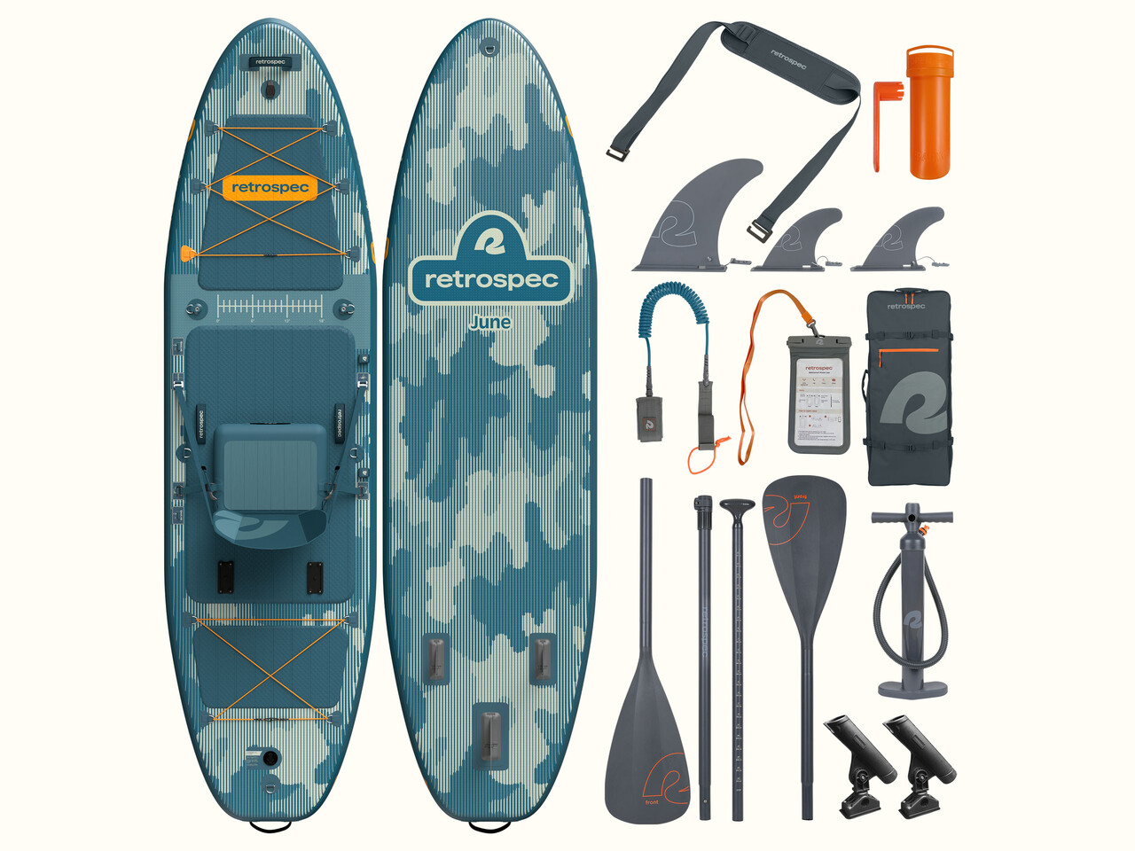 The front and rear of the June Fishing Inflatable Stand Up Paddle Board Kayak Hybrid with accessories including inflatable seat, paddle, floor pump, fins, backpack, patch kit, leash, fishing rod holders, and waterproof phone case.