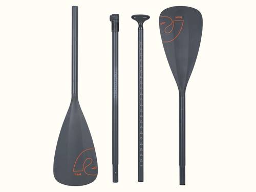 A set of four detached parts of a black adjustable paddle with measurement markings.