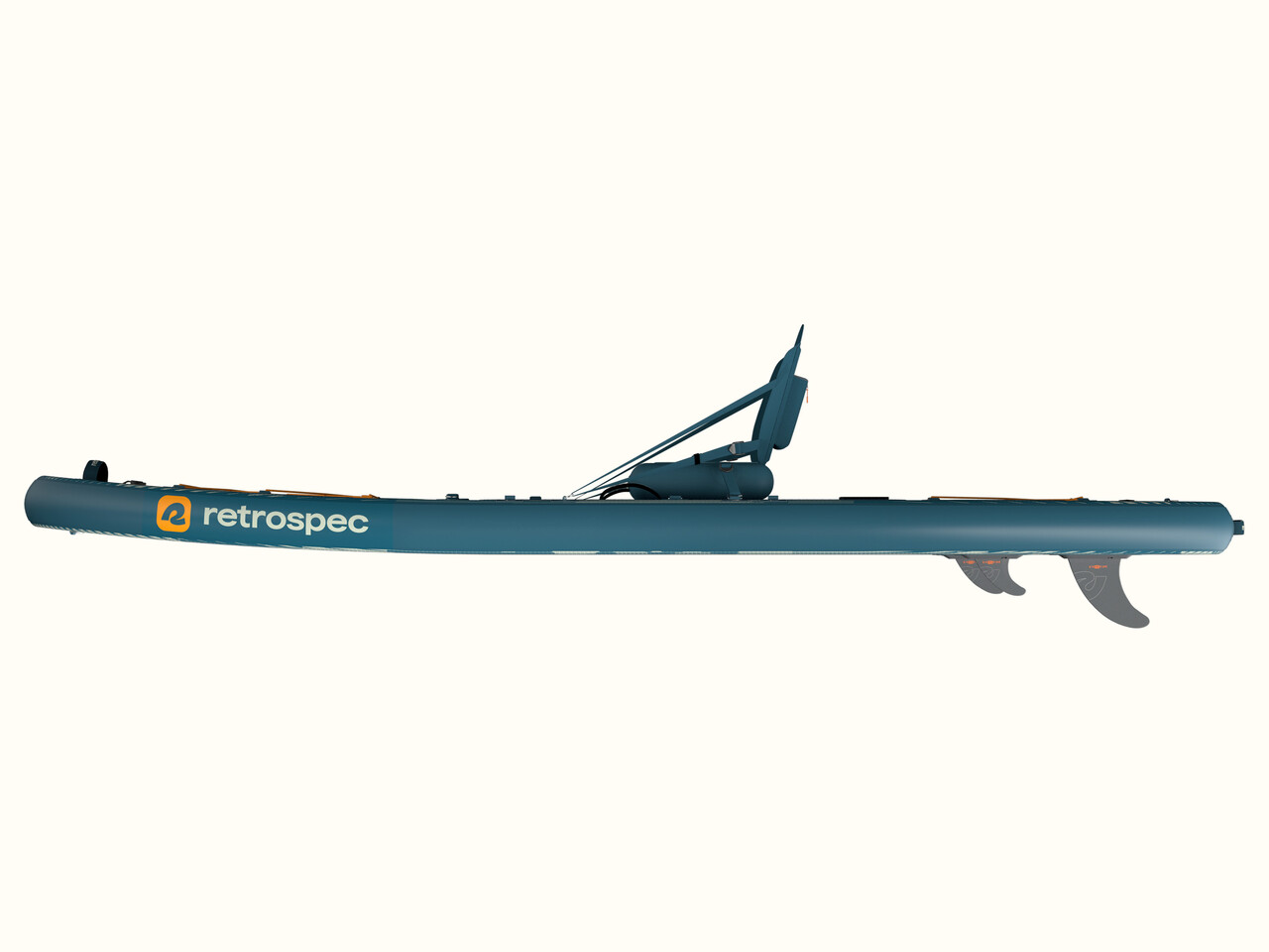 June Fishing Inflatable Stand Up Paddle Board Kayak Hybrid with inflatable seat attached, shown with a blue deck and black fins, branded 