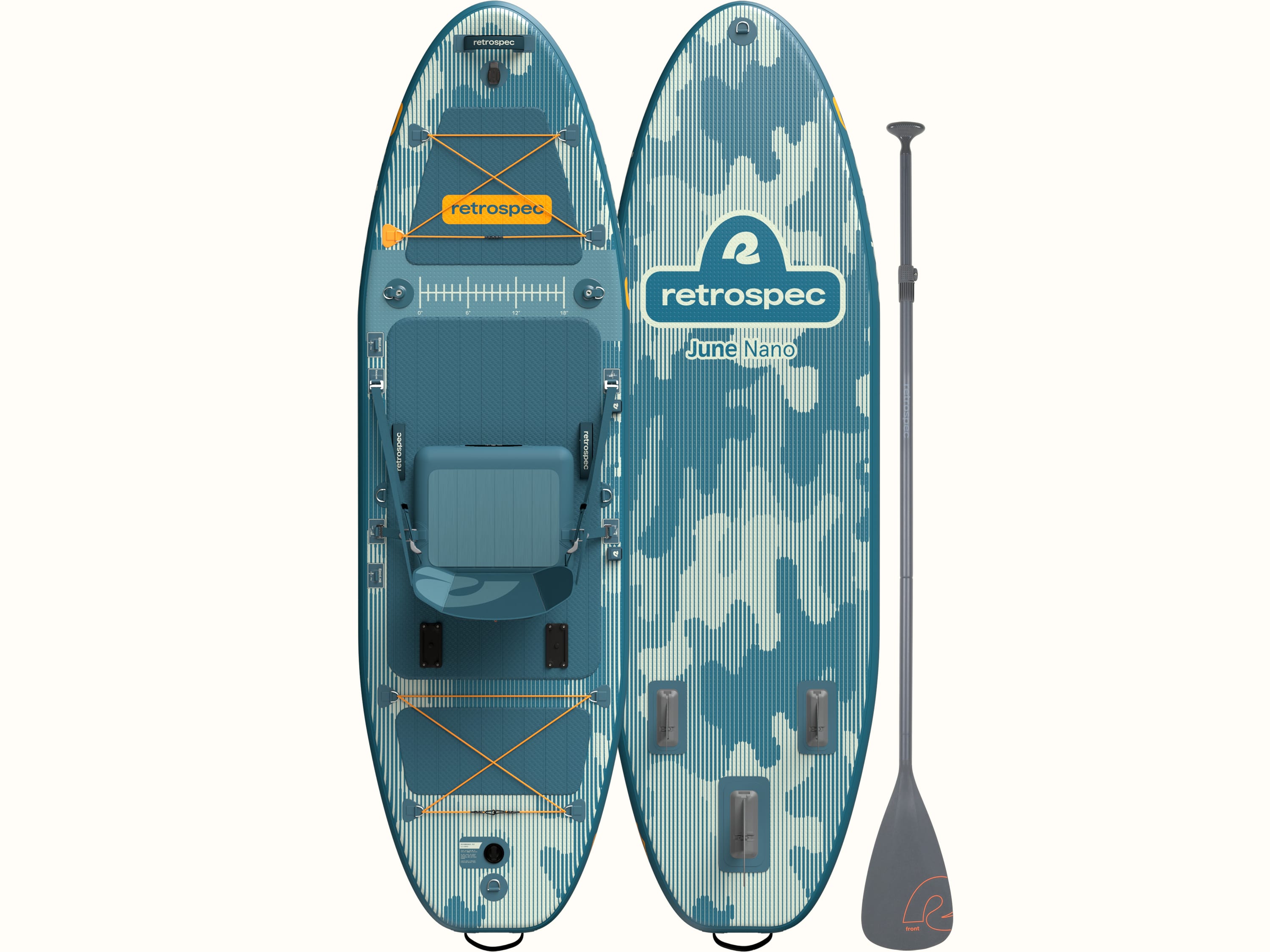 The front and rear of the June Nano Fishing Inflatable Stand Up Paddle Board Kayak Hybrid alongside a paddle.