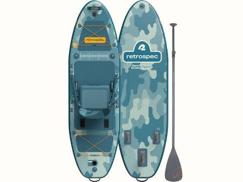 The front and rear of the June Nano Fishing Inflatable Stand Up Paddle Board Kayak Hybrid alongside a paddle.
