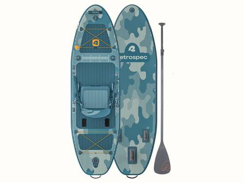 The front and rear of the June Nano Fishing Inflatable Stand Up Paddle Board Kayak Hybrid alongside a paddle.