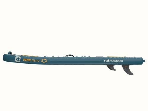 Profile view of the June Nano Fishing Inflatable Stand Up Paddle Board Kayak Hybrid shown with blue deck and black fins, branded "June Nano," "retrospec," and includes a simple yellow fish icon on the rail.