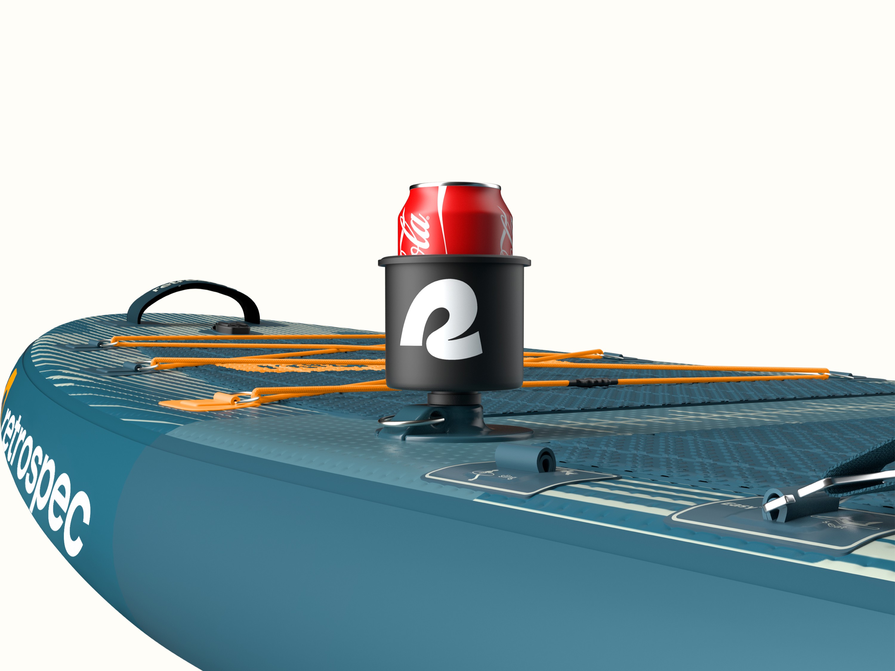 A close-up of the June Nano Fishing Inflatable Stand Up Paddle Board Kayak Hybrid with DrinkLink Cup Holder attached.
