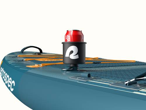 A close-up of the June Nano Fishing Inflatable Stand Up Paddle Board Kayak Hybrid with DrinkLink Cup Holder attached.