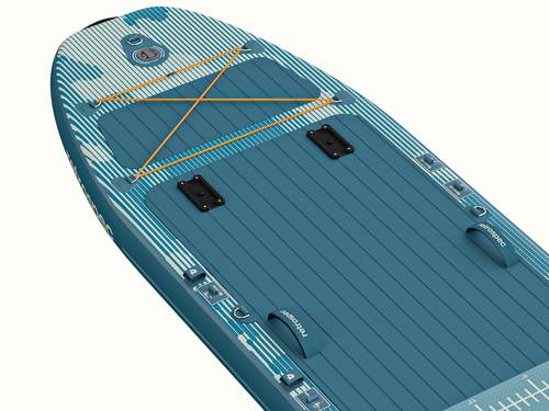 A close-up of the June Nano Fishing Inflatable Stand Up Paddle Board Kayak Hybrid with grab handles, a textured deck, and yellow bungee cords a the rear.