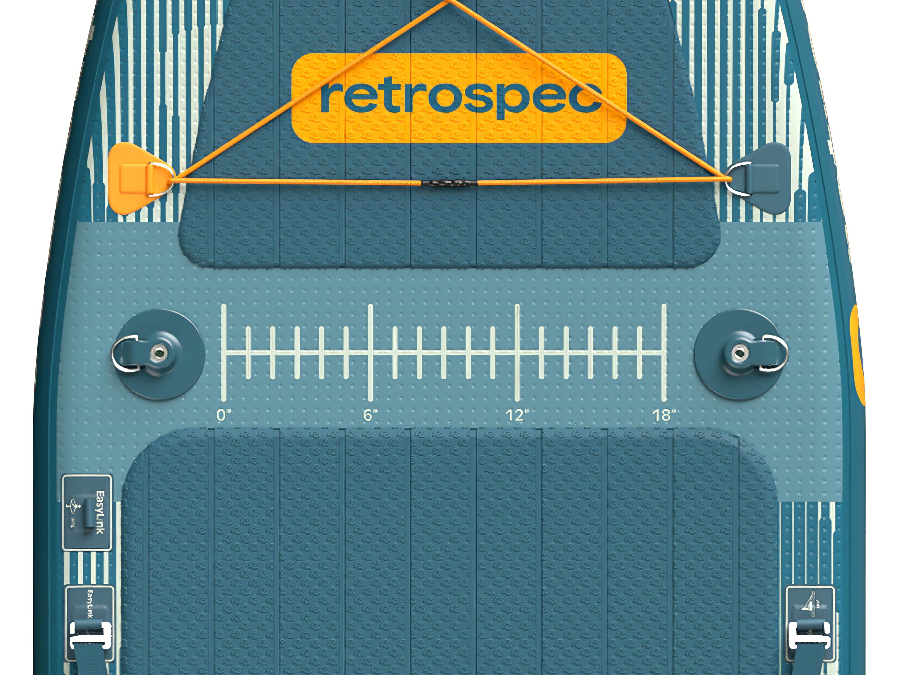 Close-up of a printed ruler and D-rings on the textured deck of the June Nano Fishing Inflatable Stand Up Paddle Board Kayak Hybrid.