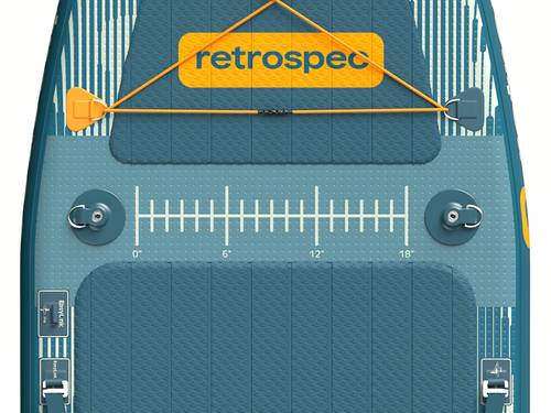 Close-up of a printed ruler and D-rings on the textured deck of the June Nano Fishing Inflatable Stand Up Paddle Board Kayak Hybrid.
