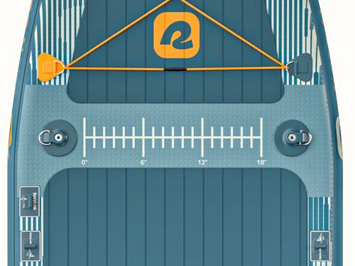 Close-up of a printed ruler and D-rings on the textured deck of the June Nano Fishing Inflatable Stand Up Paddle Board Kayak Hybrid,