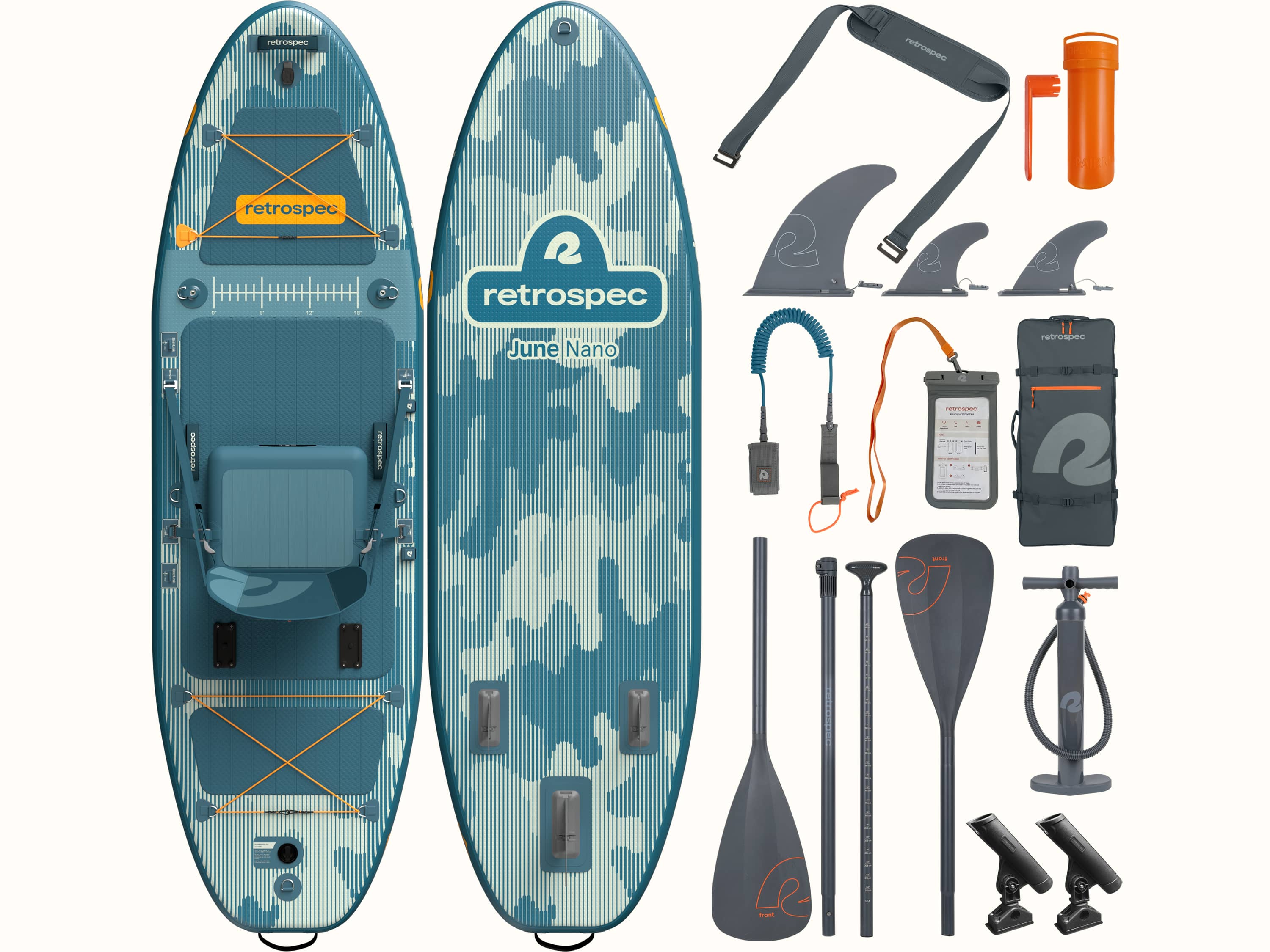 The front and rear of the June Nano Fishing Inflatable Stand Up Paddle Board Kayak Hybrid with accessories including inflatable seat, paddle, floor pump, fins, fishing rod holders, backpack, patch kit, leash and waterproof phone case.