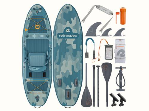 The front and rear of the June Nano Fishing Inflatable Stand Up Paddle Board Kayak Hybrid with accessories including inflatable seat, paddle, floor pump, fins, fishing rod holders, backpack, patch kit, leash and waterproof phone case.