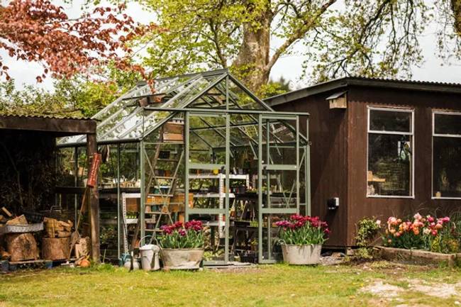 Rhino greenhouse nestled in a garden