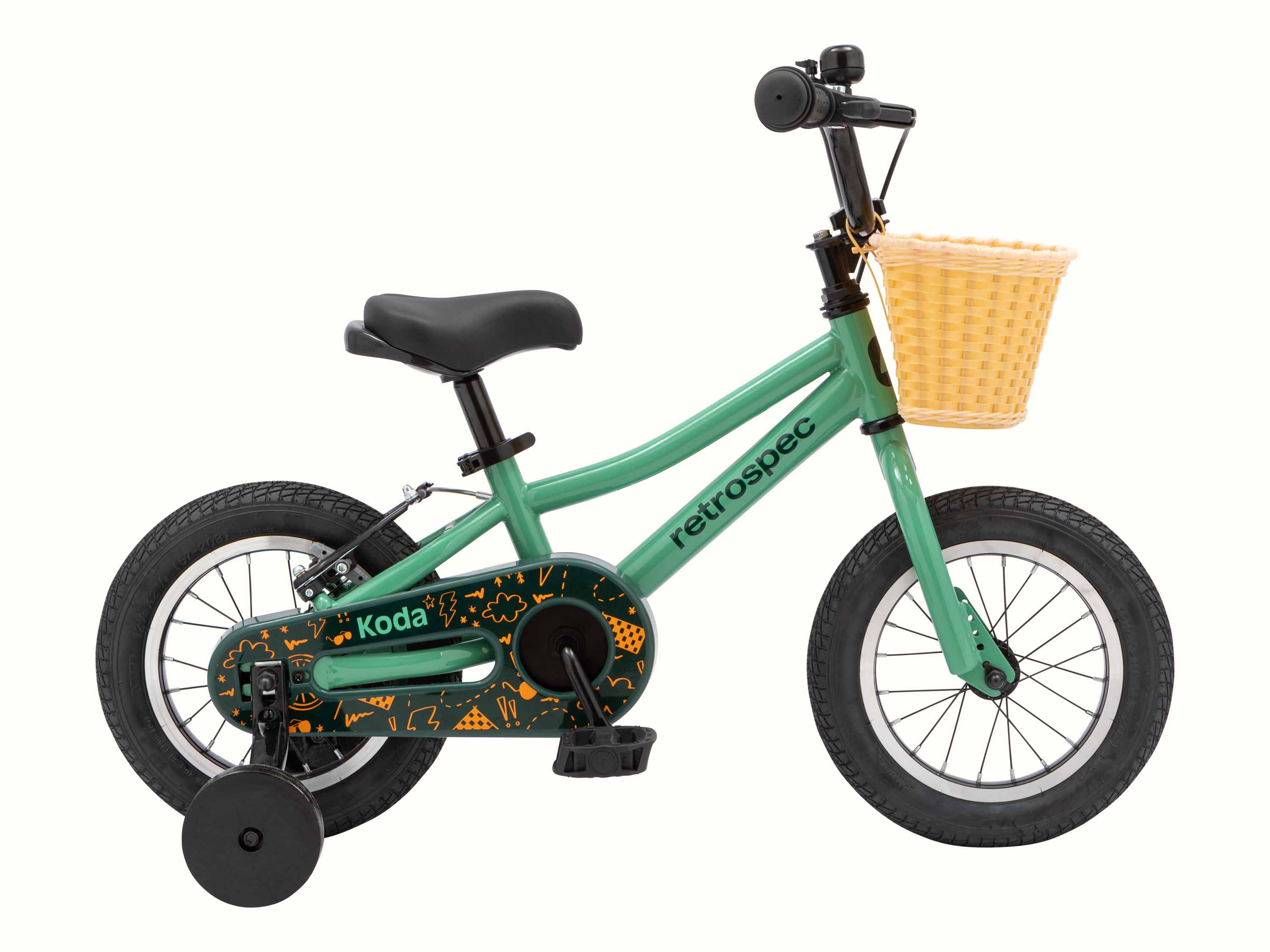 Child's Koda 12 inch bicycle with training wheels and front basket on a white background.
