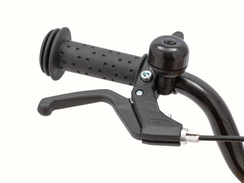 Bicycle handlebar with V shaped brake lever and bell on a white background.