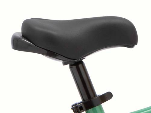 Close-up of a black bicycle saddle on a seat post, with a white background.