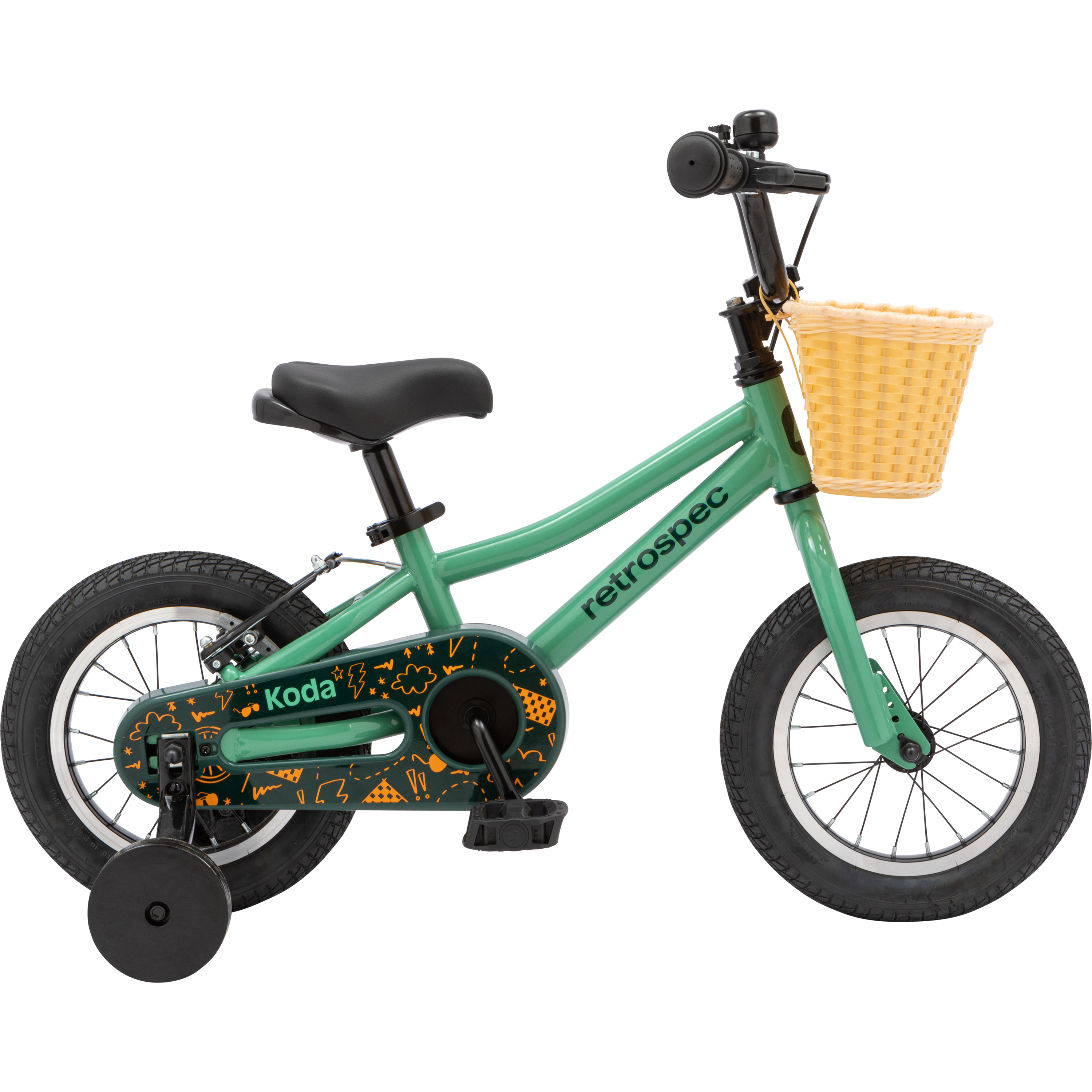 Child's green bicycle with training wheels and a basket, isolated on a white background.