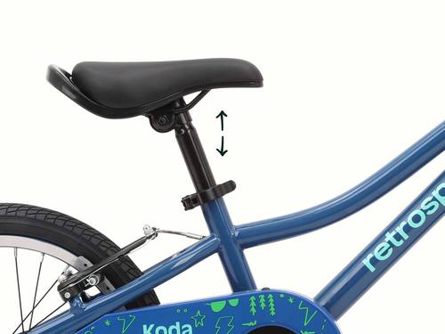 Close-up of a Koda 16 inch bicycle seat with an adjustment arrow indicating vertical movement.