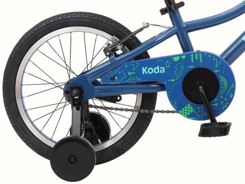 A blue kid's Koda 16 Inch bicycle with a chain guard and training wheels on a white background.