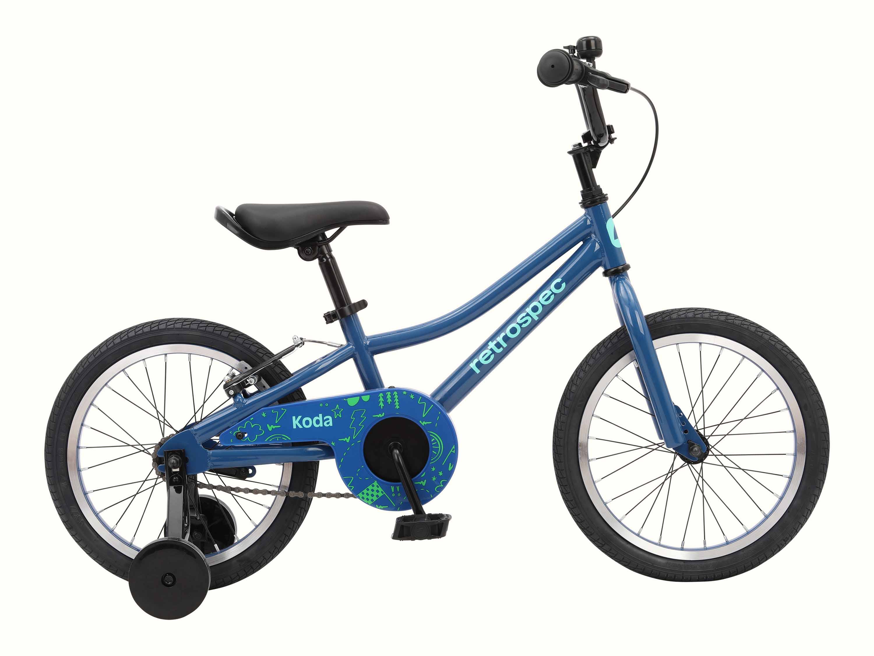 Blue kids Koda 16 Inch bike with black tires and training wheels, isolated on a white background.