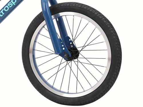 Close-up of a blue Koda 16 Inch bicycle's front wheel with black tire on a white background.