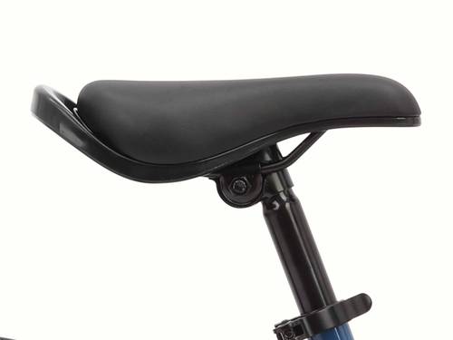 Close-up of a black bicycle saddle on a seat post, with a white background.