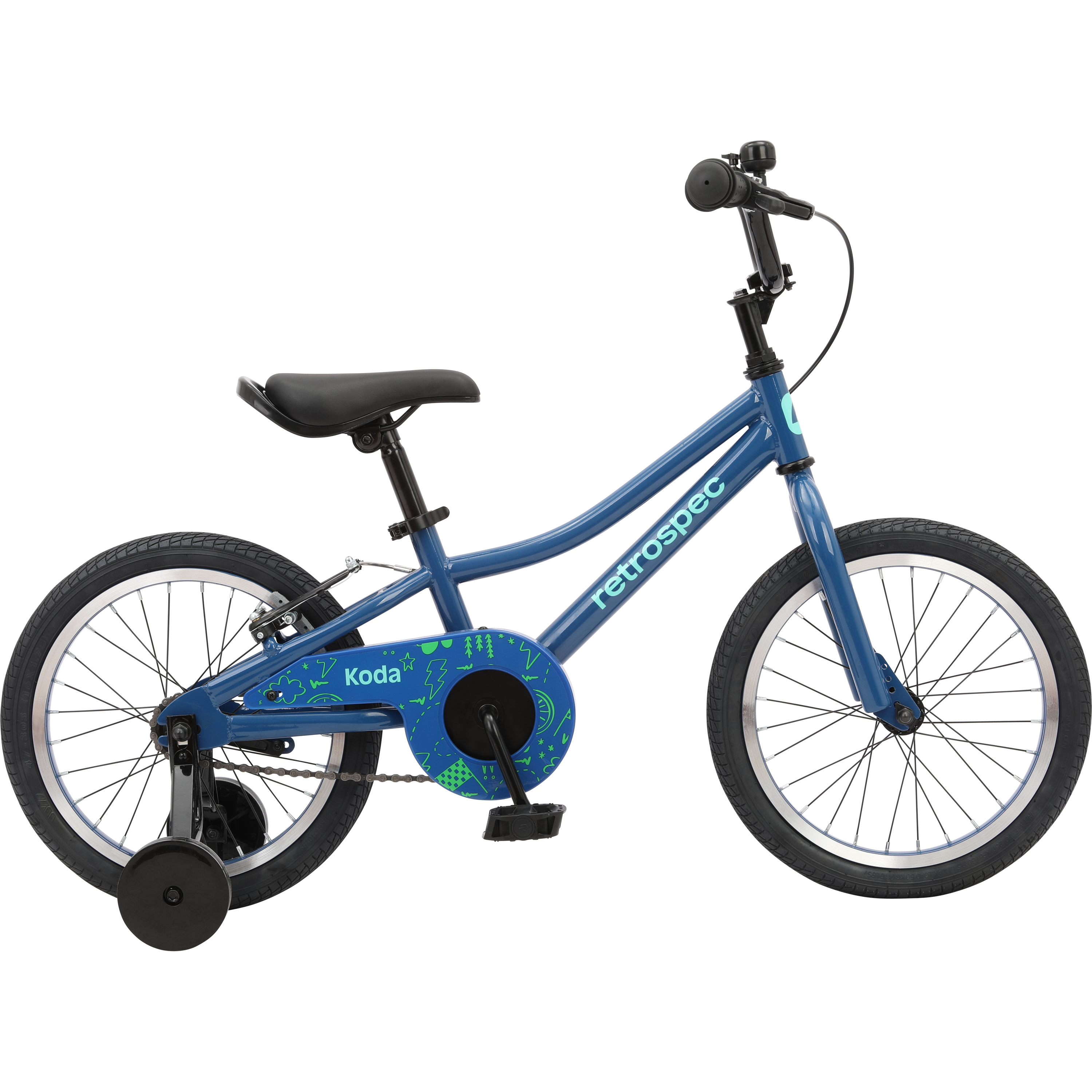 Blue children's bike with black wheels and training wheels, and a colorful decorated chain guard, isolated on white background.