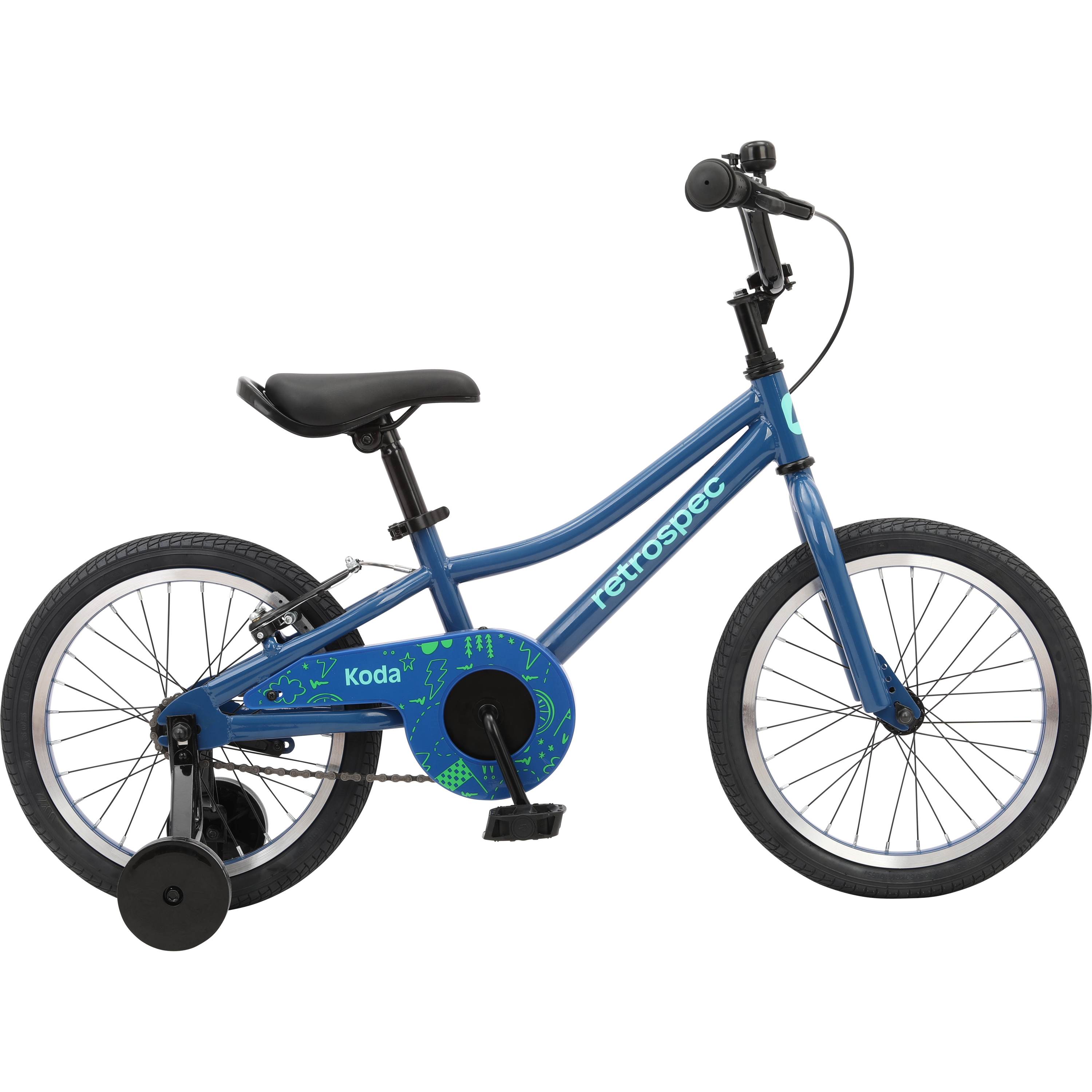 Blue children's bike with black wheels and training wheels, and a colorful decorated chain guard, isolated on white background.
