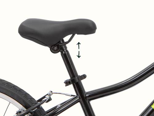 Close-up of a black bicycle's adjustable black seat with directional arrows indicating movement.