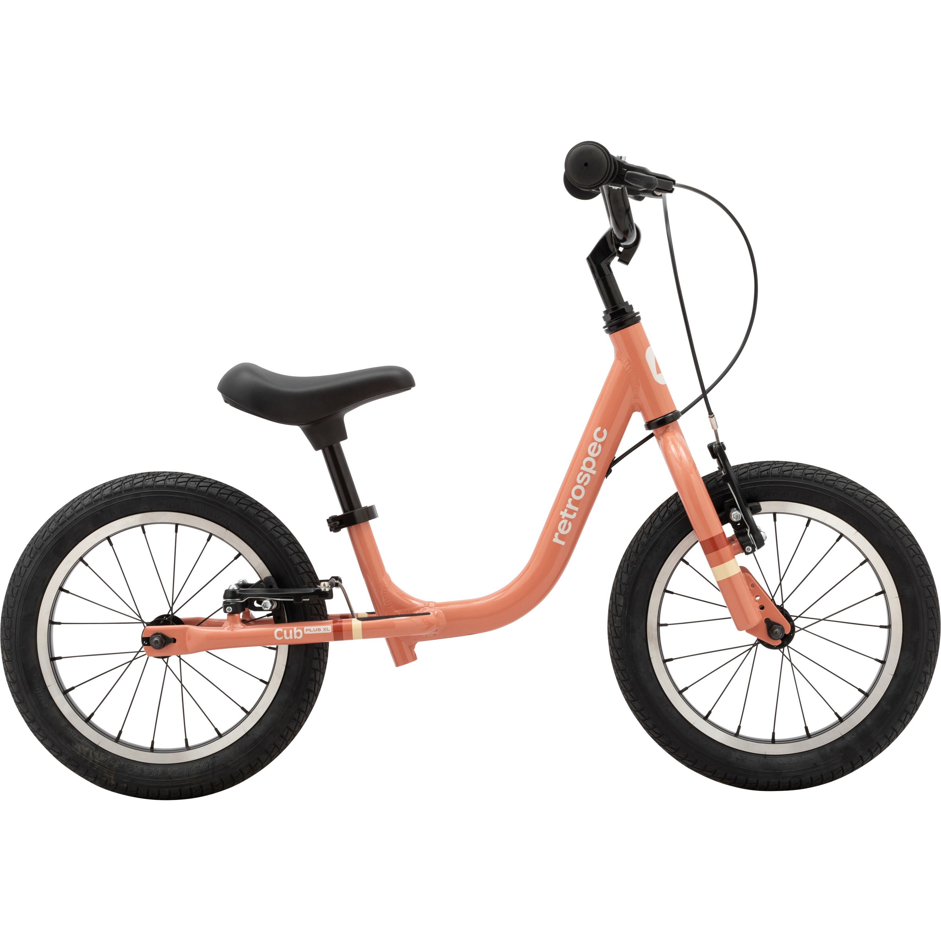 Kids' Cub Plus XL rose-colored balance bike with black seat and tires,