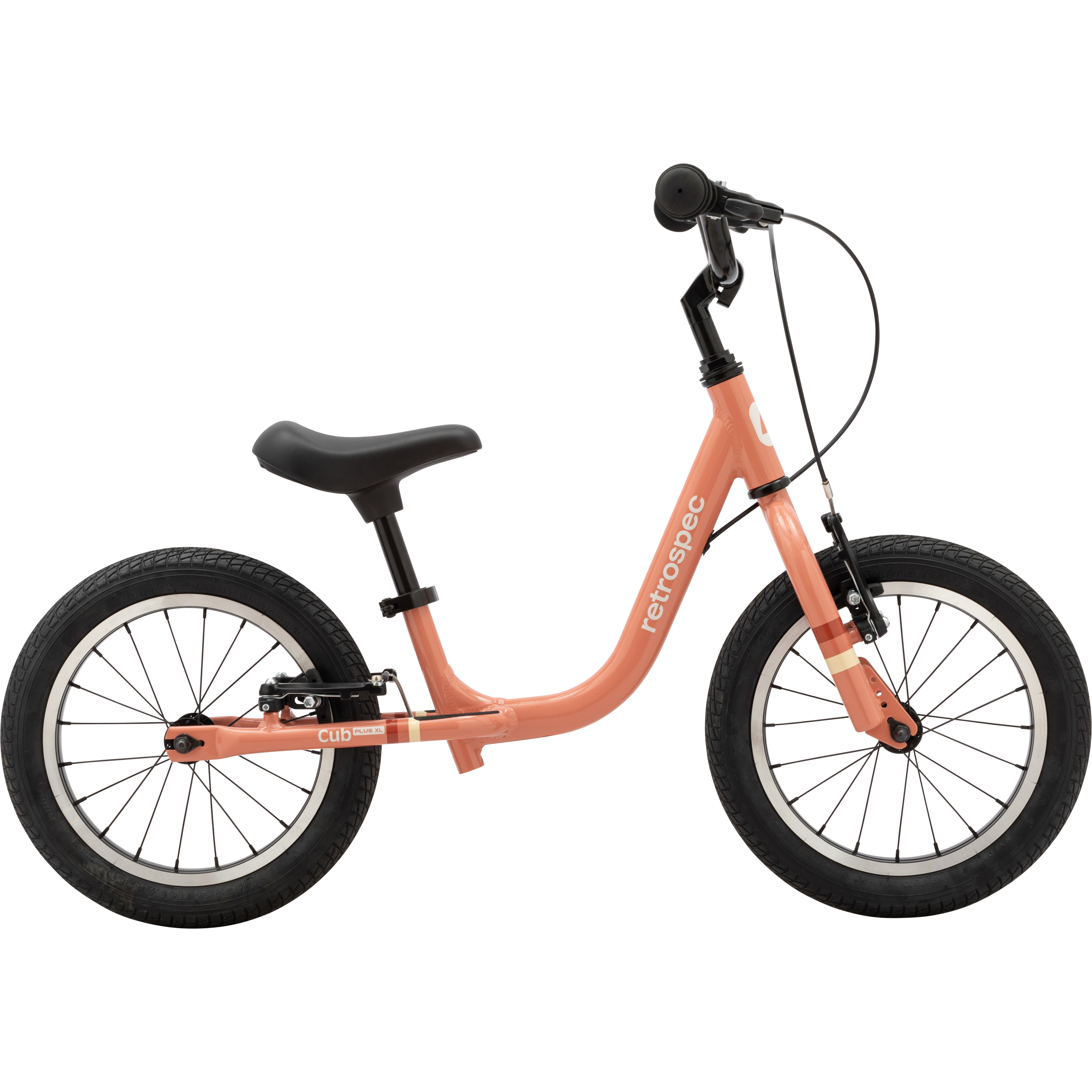 Kids' Cub Plus XL rose-colored balance bike with black seat and tires,