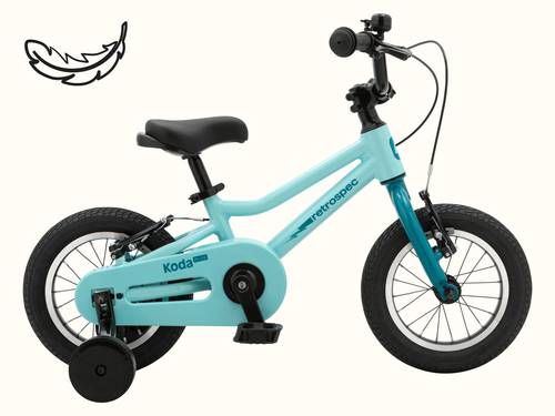 Koda Plus 12" Kids' Bike in Robins Egg Blue with black training wheels, seat and handlebars, and a black and white feather illustration in the top left.