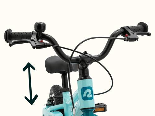 Close-up of the Koda Plus 12" Kids' Bike handlebar with grips, brake levers, and a bell against a white background, with an vertical arrow demonstrating up and down adjustment.