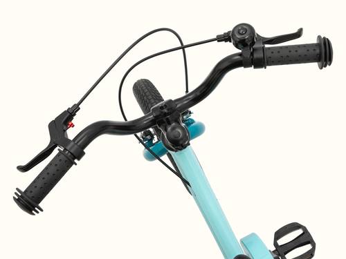 Top view close-up of the Robins Egg Blue Koda Plus 12" Bike handlebars and the front wheel on a white background.