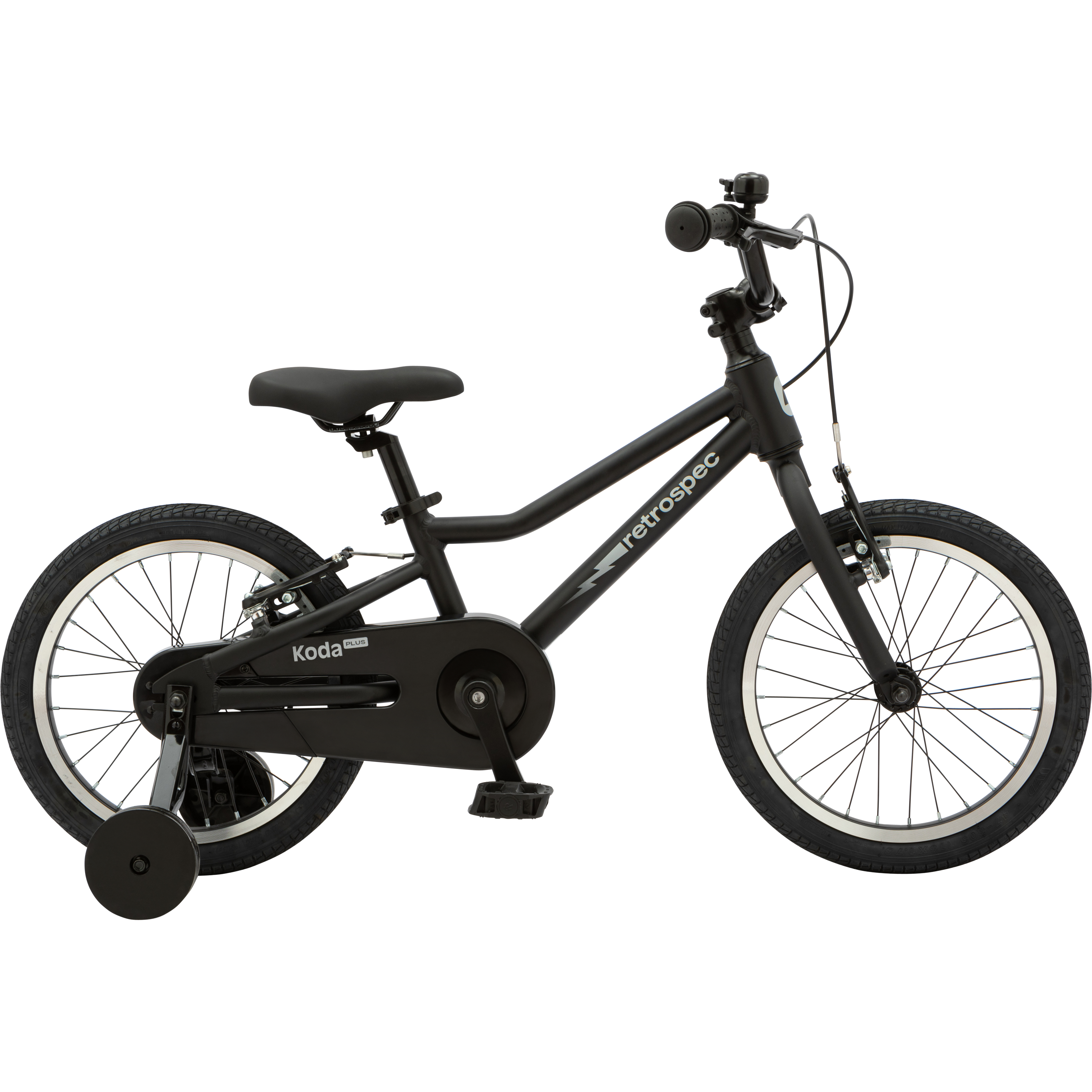 A matte black children's bicycle with training wheels.