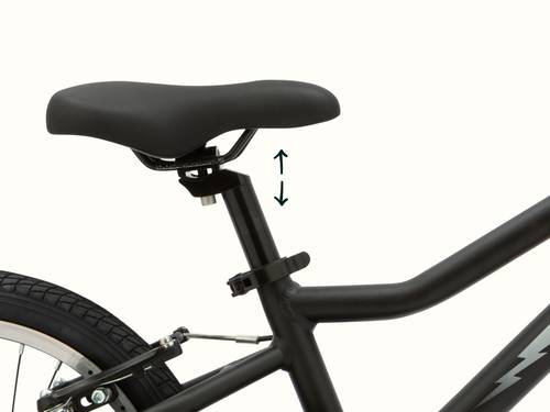 A close-up of the Koda Plus 16" Kids' Bike black bike seat with an adjustable post and arrows indicating seat movement.