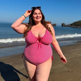Curvy Kate Holiday Check Non Wired Swimsuit Raspberry Pink as worn by @lauren_frances__