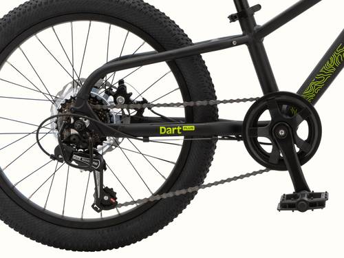 Close-up of the Dart Plus 20" Kids' Bicycle's rear wheel, gears, chain, and pedal mechanism, with "Dart Plus" branded on the frame in neon green, on a white background.