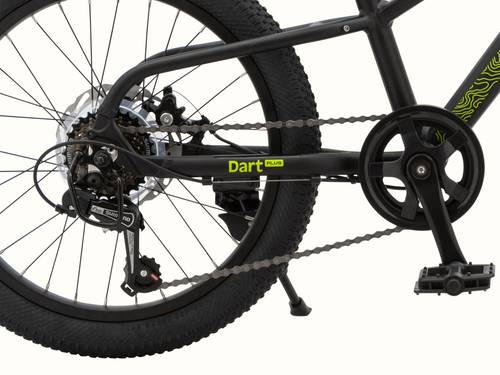 Close-up of the Dart Plus 20" Kids' Bicycle's rear wheel, gears, chain, and pedal mechanism, with "Dart Plus" branded on the frame in neon green, on a white background.