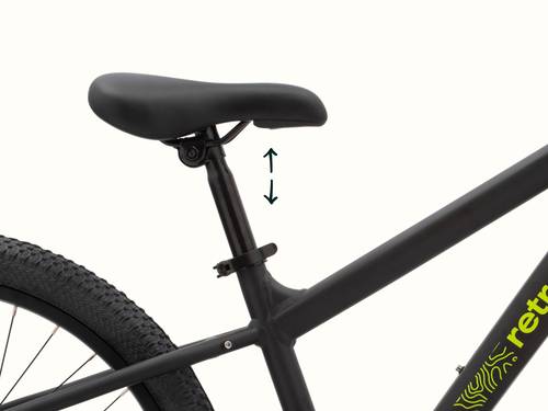 Koda Plus 24" Kids' Black bicycle seat with arrow indicating adjustable height on a black bike frame.