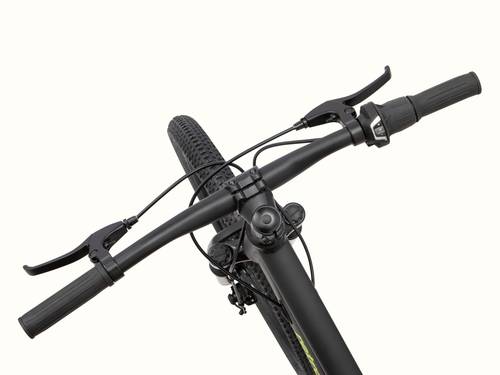 Close-up of Dart Plus 24" Kids Bike handlebars with brake levers and gear shifters on white background.