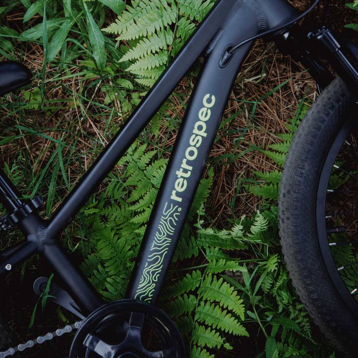 Close-up of a black Dart Plus 20" Kids' Bike 7 Speed frame featuring the "retrospec" logo, resting on vibrant green ferns and pine needles.