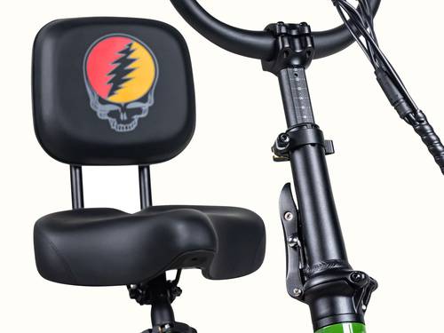 A close-up of the Grateful Dead Boca Rev Electric Tricycle's seat with a black backrest featuring a Grateful Dead skull logo also known as "Steal Your Face" or "SYF", alongside a sleek black bike frame.